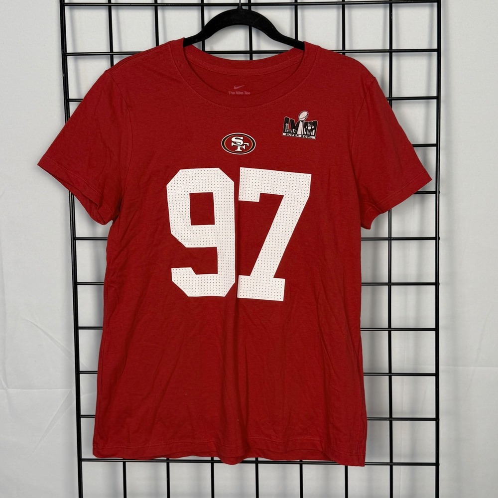 Nike SF 49ers Nick Bosa T-Shirt Womens Large Red Super Bowl LVIII Number 97 NFL